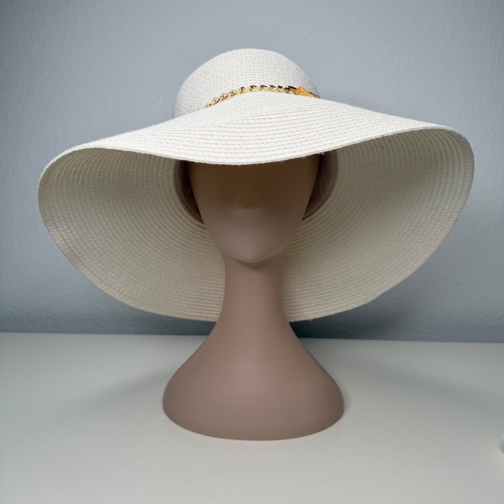 Gottex San Remo Sun Hat Womens White Bamboo Chain Wide Brim Resort UPF 50 OSFM